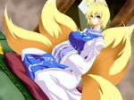  animal_ears blonde_hair breasts brown_eyes covered_nipples dutch_angle fox_ears fox_tail gigigi hands_in_opposite_sleeves highres large_breasts multiple_tails no_hat no_headwear pillow sitting smile solo tail touhou yakumo_ran 