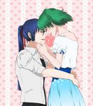  1girl air0w0 bad_id bad_pixiv_id blue_hair closed_eyes colored_eyelashes couple green_hair hand_on_back hands_on_another's_face heart hetero hug macross macross_frontier musical_note ponytail ranka_lee saotome_alto short_hair speech_bubble star 