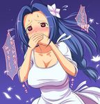  @_@ blue_hair blush breasts cleavage covered_nipples covering_mouth dress flower hair_ornament hand_over_own_mouth huge_breasts idolmaster idolmaster_(classic) idolmaster_1 long_hair miura_azusa red_eyes solo sweat takayaki tears translated 