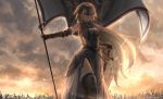  1girl armor artist_name black_legwear blonde_hair blue_eyes cloud fate/apocrypha fate_(series) fur-trimmed_legwear fur_trim headpiece highres jeanne_d&#039;arc_(fate) jeanne_d&#039;arc_(fate)_(all) lens_flare long_hair pasoputi solo standard_bearer sword thighhighs thighs waist_cape weapon 