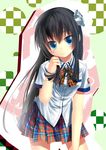  black_hair blue_eyes blush bow flower hair_flower hair_ornament hair_tousle highres kouji_(astral_reverie) long_hair looking_at_viewer original plaid plaid_skirt pleated_skirt school_uniform skirt solo very_long_hair 