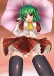  ahoge ascot bad_id bad_pixiv_id black_legwear breasts brown_eyes dress_shirt from_below green_hair highres kantarou_(nurumayutei) kazami_yuuka legs medium_breasts navel orange_eyes plaid plaid_skirt red_eyes shirt skirt solo thighhighs thighs touhou umbrella unbuttoned vest 