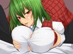  blush breast_hold breasts button_gap clothed_sex cum cum_on_body cum_on_upper_body facial green_hair kazami_yuuka large_breasts licking_lips naughty_face paizuri paizuri_under_clothes pov red_eyes short_hair shuugetsu_karasu solo_focus tongue tongue_out touhou 