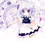  braid clock highres izayoi_sakuya knife maid maid_headdress pocket_watch purple_eyes short_hair solo touhou twin_braids watch white_hair yume_shokunin 