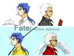  archer blue_hair book cigarette copyright_name crimo cup dark_skin dark_skinned_male earrings fate/hollow_ataraxia fate/stay_night fate_(series) fishing_rod glasses grey_eyes innertube jewelry lancer long_hair male_focus multiple_boys ponytail profile red-framed_eyewear red_eyes sunglasses teacup teapot white_hair 