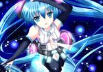  arm_up black_legwear blue_hair detached_sleeves hair_ornament hatsune_miku hatsune_miku_(append) highres long_hair looking_at_viewer natsumikan navel shirt solo twintails vocaloid vocaloid_append white_shirt 