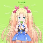  astarotte_ygvar blonde_hair blush bow clover covering_mouth detached_collar english four-leaf_clover green_eyes hair_bow long_hair lotte_no_omocha! meow_(nekodenki) midriff solo thighhighs twintails zettai_ryouiki 