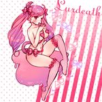  1girl between_breasts blush bow breasts demon_girl demon_tail heart heart_pasties horns large_breasts legwear long_hair looking_at_viewer original over-kneehighs panties pasties pink_eyes pink_hair solo stockings tail thighhighs twintails underwear 