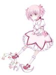  blood gloves highres kaname_madoka kyubey light_smile looking_at_viewer magical_girl mahou_shoujo_madoka_magica pink_eyes pink_hair red_eyes shichouson shoes short_hair simple_background stepping twintails white_gloves 