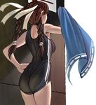  ass back black_school_swimsuit braid brown_hair cowboy_shot double_vertical_stripe hair_ribbon masao one-piece_swimsuit original ribbon school_swimsuit solo swimsuit towel twin_braids wedgie 