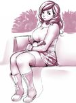  boots breasts camisole couch ganto large_breasts monochrome sitting skirt thighhighs 