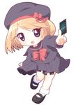  blonde_hair blue_eyes blush bow card cardfight!!_vanguard chibi hat holding holding_card mirai_(sugar) open_mouth school_uniform sendou_emi short_hair skirt solo trading_card 