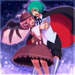  :d animal_ears antennae brown_dress cape dancing dress green_eyes green_hair hand_on_hip holding_hands lgw7 multiple_girls mystia_lorelei open_mouth pink_eyes pink_hair short_hair shorts smile thighhighs touhou wings wriggle_nightbug 