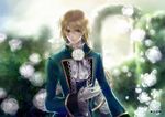  blonde_hair braid bush earrings flower formal gloves green_eyes highres jack_vessalius jewelry lijunyou long_hair male_focus pandora_hearts solo 