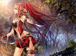  elf forest magic red_eyes red_hair weapon 