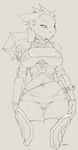  armor big_breasts bikini breasts female horns line_art lizard looking_at_viewer monochrome onta pinup scalie simple_background skimpy solo standing sword weapon 