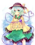  blush bow eyeball green_eyes green_hair hat heart heart_of_string komeiji_koishi short_hair skirt sleeves_past_wrists solo suzuna_(mark_of_luck) third_eye touhou 