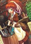  axe bag barrel bell brown_dress candy chair counter dress fingerless_gloves food gloves green_eyes hair_ribbon highres jar kanini knife looking_at_viewer open_mouth original ponytail red_hair ribbon shield shop smile solo sword tool_kit tools weapon weapon_shop 