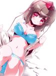  aqua_bra aqua_panties blush bra breasts brown_hair hat jpeg_artifacts large_breasts lingerie looking_at_viewer miuku_(marine_sapphire) open_clothes open_shirt panties pointy_ears red_eyes shameimaru_aya shirt short_hair smile solo tokin_hat touhou underwear underwear_only 