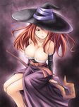  breasts dragon's_crown dress hat huge_breasts long_hair masakichi_(crossroad) red_hair side_slit solo sorceress_(dragon's_crown) staff strapless strapless_dress witch_hat 