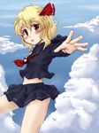  alternate_costume blonde_hair blush bow cloud day face fang foreshortening hair_bow hands kuon_yashiro midriff navel open_mouth outstretched_arms red_eyes rumia school_uniform serafuku short_hair skirt sky solo spread_arms touhou 