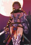  absurdres armor belt blonde_hair blood braid breasts buckle cameltoe cleavage hairband highres large_breasts legs leina loincloth long_hair moon panties queen's_blade red_eyes shield short_hair_with_long_locks side_braid solo strap sword thigh_gap thighs thong tsukino_jougi twin_braids underwear weapon 