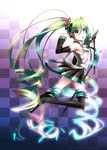  :q absurdres boots caffein checkered checkered_background detached_sleeves green_eyes green_hair hatsune_miku headset high_heels highres long_hair microphone microphone_stand necktie shoes skirt solo thigh_boots thighhighs tongue tongue_out twintails very_long_hair vocaloid 