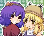  blonde_hair hat moriya_suwako multiple_girls purple_hair red_eyes satoimoya short_hair touhou yasaka_kanako yellow_eyes 