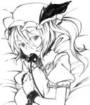  bed calligraphy_brush_(medium) cuffs eyelashes face flandre_scarlet greyscale highres laevatein looking_at_viewer millipen_(medium) monochrome mouth_hold pillow pillow_hug side_ponytail solo touhou traditional_media tsukinami_kousuke upper_body 