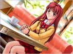  casual_romance_club cup houkago_ren-ai_club red_eyes red_hair restaurant school_uniform table 