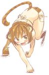  animal_ears animal_print bikini brown_hair face leg_up leopard_print open_mouth original short_hair side-tie_bikini simple_background smile solo squatting swimsuit tail yellow_eyes yudepii 