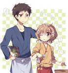  1girl apron black_hair blush brown_eyes brown_hair carrot cloth daikon flower food hair_flower hair_ornament hanasaku_iroha hand_on_another's_head hanesaki_nekome height_difference japanese_clothes kissuisou_uniform matsumae_ohana miyagishi_tooru nakai_(waitress) petting radish short_hair sweatdrop vegetable 