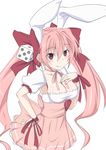  animal_ears blush bow breasts bunny_ears cleavage di_gi_charat dice dice_hair_ornament hair_bow hair_ornament heart kuronyan long_hair medium_breasts pink_hair red_eyes ribbon skirt smile solo twintails usada_hikaru 