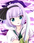  black_hairband blue_eyes cherry_blossoms close-up face foreshortening hairband konpaku_youmu looking_at_viewer nohma_sohma petals purple_hair short_hair solo sword touhou weapon wind 