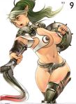 absurdres armor echidna f.s. green_hair highres living_clothes multicolored_hair open_mouth pointy_ears queen's_blade red_eyes revealing_clothes shield snake solo sword thighhighs two-tone_hair weapon 