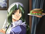  castle_fantasia castle_fantasia_3 cd_game dreamcast eating food green_hair long_hair megane oppai sandwich studio_ego yamamoto_kazue 