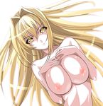  blonde_hair breast_suppress breasts character_request cleavage large_breasts long_hair looking_at_viewer nipples nude saburou_(hgmg) simple_background solo white_background yellow_eyes 