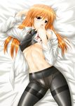  blue_eyes cross_mirage long_hair mahou_senki_lyrical_nanoha_force mahou_shoujo_lyrical_nanoha no_bra open_shirt orange_hair pantsu pantyhose teana_lanster 