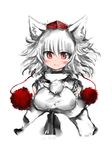  animal_ears blush breasts detached_sleeves face hands_in_opposite_sleeves hat inubashiri_momiji kotatu_(akaki01aoki00) large_breasts red_eyes short_hair silver_hair simple_background smile solo tokin_hat touhou upper_body white_hair wolf_ears 