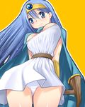  armband belt blue_eyes blue_hair bouncing_breasts breasts cape circlet dragon_quest dragon_quest_iii dress hips large_breasts long_hair no_bra oppai panchira pantsu sage_(dq3) simple_background smile staff tagme thigh_gap white_panties 