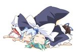  barefoot bloomers blue_hair brown_hair chibi cirno daiyousei fairy forehead green_hair ham_(points) hat in_hat large_hat multiple_girls pointy_ears ribbon shared_blanket shared_hat sleeping star_sapphire sunny_milk touhou underwear witch_hat 
