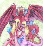  blonde_hair blush breasts butt coral_dragon_(character) demonnyuu demonyuu double_fellatio dragon fellatio female group group_sex hair horn horns kneeling licking male nude oral oral_sex penis plain_background pussy pyron red_dragon scalie sex spots_(character) straight teamwork threesome tongue white_background wings 