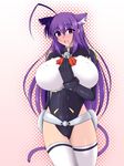  ahoge animal_ears artist_request asobi_ni_iku_yo! bell blush breasts erect_nipples highres huge_breasts kuune long_hair open_mouth purple_eyes purple_hair skin_tight soushin_souma sweat tail thighhighs 