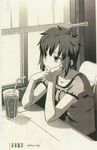  deep_thought drink kara_no_kyoukai looking_out_window screen seo_shizune straw table takeuchi_takashi tee_shirt type-moon window 