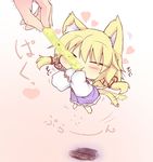  animal_ears blonde_hair blush cat_ears cat_tail chibi closed_eyes commentary_request eating hair_ribbon hazuki_ruu heart kemonomimi_mode minigirl moriya_suwako ribbon shirt skirt solo tail tail_wagging touhou 