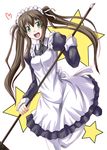  artist_request blush broom brown_hair fang_lin_yin green_eyes hair_ribbon happy long_hair maid maid_headdress open_mouth twin_tails white_thighhighs 