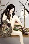  aguko brown_hair clock dress high_heels lamp lips long_hair nail_polish original shoes solo tree yellow_eyes 