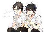  anger_vein annoyed ao_no_exorcist bad_id bad_pixiv_id black_hair brothers glasses mmff06 multiple_boys okumura_rin okumura_yukio open_mouth pointy_ears school_uniform shirt siblings simple_background 