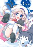  :d bad_id bad_pixiv_id belka beret blonde_hair blue_eyes cloud dog fang hat highres hizuki_yayoi little_busters! long_hair midair noumi_kudryavka open_mouth panties school_uniform sky smile solo strelka thighhighs underwear white_legwear 