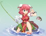  amputee arms_up bad_id bad_pixiv_id bag bandages barefoot boulder bun_cover chain cuffs double_bun feet fish fishing fishing_rod flower green_eyes hat holding holding_fishing_rod ibaraki_kasen kokoperiiche pink_hair red_eyes shackles short_hair sitting sitting_on_rock skirt smile soaking_feet solo tabard toes touhou water 